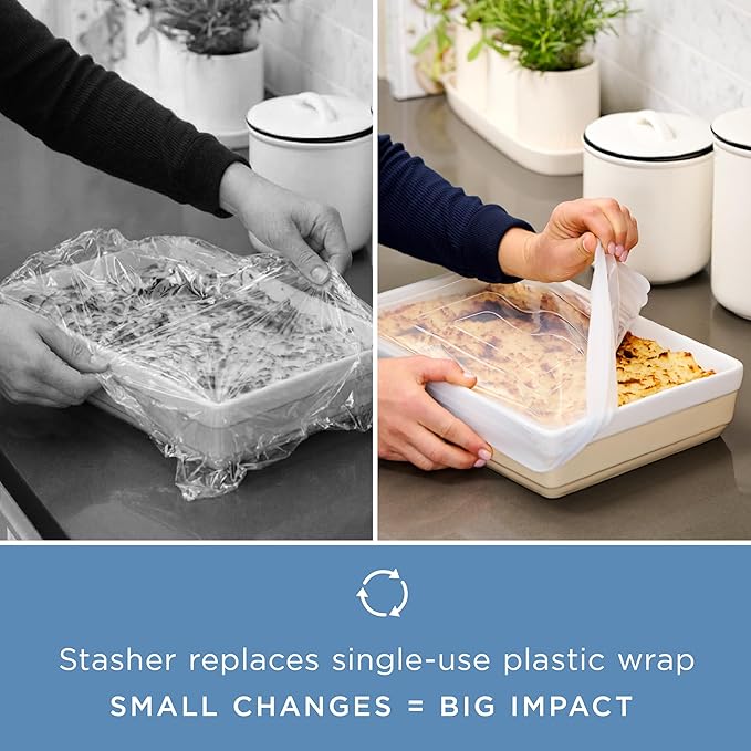 Stasher Reusable Silicone Stretch Lid for Casseroles, Sheet Pans, Baking Dishes–Square Replacement Lid, 8”x8”, Stretchable, Leak-Free, Microwave Safe, Dishwasher Safe, Food Cover, Eco-Friendly, Clear