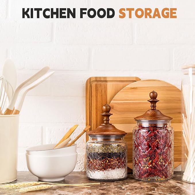 Suclain 6 Pack 17 Oz Vintage Glass Jars with Wooden Crown Lids, Decorative Jars with Begonia Pattern, Airtight Glass Food Storage Containers for Tea Coffee Spice Pantry Organization