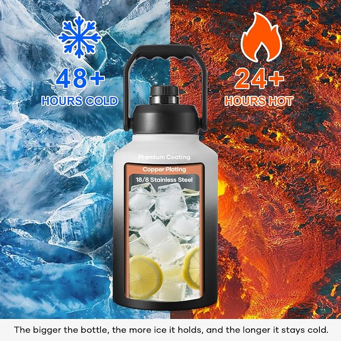 BUZIO 1 Gallon Water Jug Insulated, Stainless Steel Bottle With Large Handle & Spout Lid, 3.58" Big Wide Mouth BPA-Free Leakproof Metal Water Flask For Camping, Adventure, Sports, White & Black