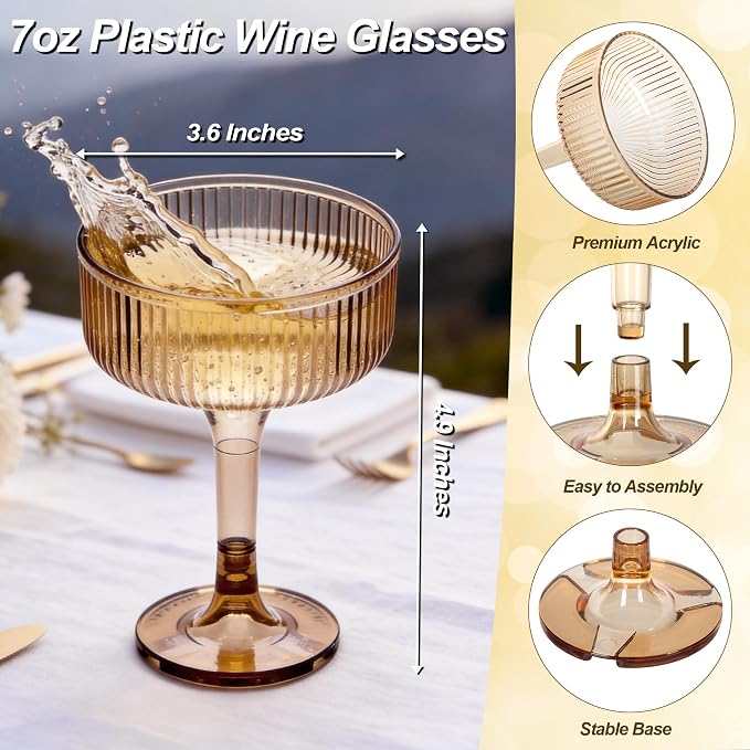 Houmury 7oz Amber Plastic Wine Glasses Unbreakable Wedding Plastic Champagne Flutes Goblet Glasses Reusable Clear Acrylic Martini Drinkware For Birthday Party (56, Amber)