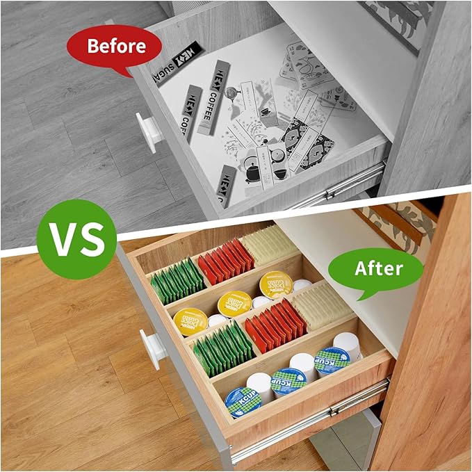 2 Pack Bamboo Tea Bag Organizers, Wood Tea Bag Storage for Drawers, Coffee Drawer Organizer for Coffee Station, Sugar Packet,Small Packet,Each Outer Dimension:10 x 6.5 x 2.2inch