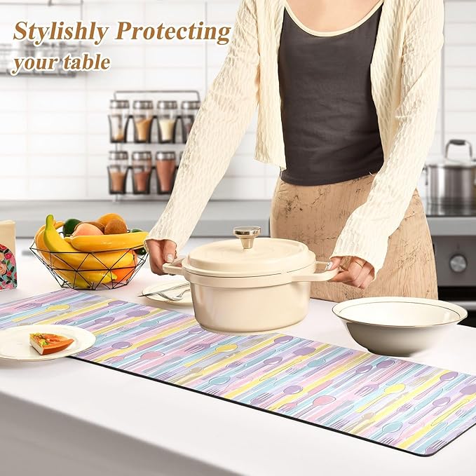 2-in-1 Table Runner Trivet for Hot Dishes Heat Resistant Hot Plate Mat Pad 39x12 Inch Waterproof Table Protector Trivets for Countertop Non Slip Decorative Pastel Color Spoons Knives Forks