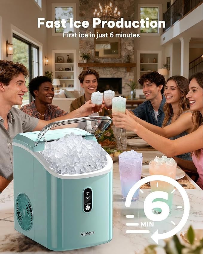 Nugget Ice Maker Countertop, Silonn Chewable Pellet Ice Machine with Self Cleaning Function, Pebble Portable Ice Maker with Ice Scoop for Home Kitchen Office, Green
