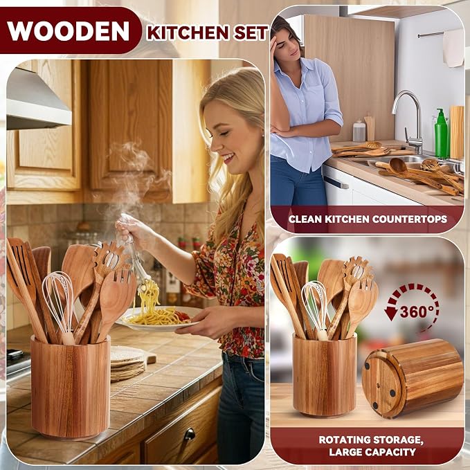 SiliFine 11 Pcs Wooden Kitchen Utensils Set with 360° Straight Rotating Holder Acacia Wood Cooking Utensils with Cooking Spoons Spatulas Nonstick Cookware Countertop Kitchen Decorations(Natural)