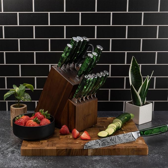 SENKEN Engraved Japanese Kitchen Knife Set with Beautiful Green Resin Wood Handles - Wasabi Collection - Chef's Knife, Bread, Cleaver, Paring, & More (16-Piece Knife Block Set)
