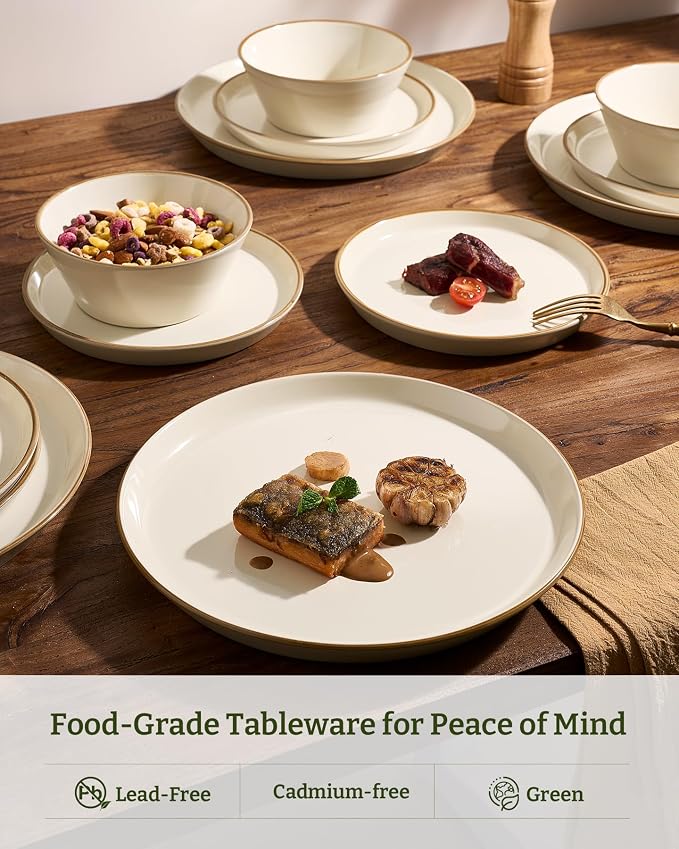 Famiware Saturn Plates and Bowls Dish Sets for 6 (18 Pieces), Stoneware Dinnerware Set with Hand-Painted Trim - Chip & Scratch Resistant, Microwave & Dishwasher Safe Ceramic Dishes, Vanilla White