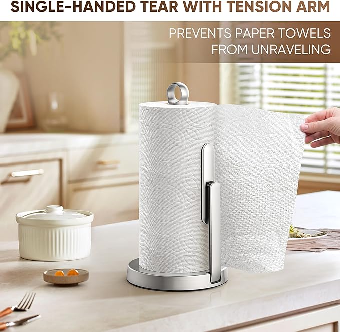 theaoo Heavy-Duty Stainless Steel Paper Towel Holder with Tension Arm – Easy One-Handed Tear, Modern Standing Countertop Dispenser for Kitchen, Holds All Paper Towel Rolls (1, Silver)