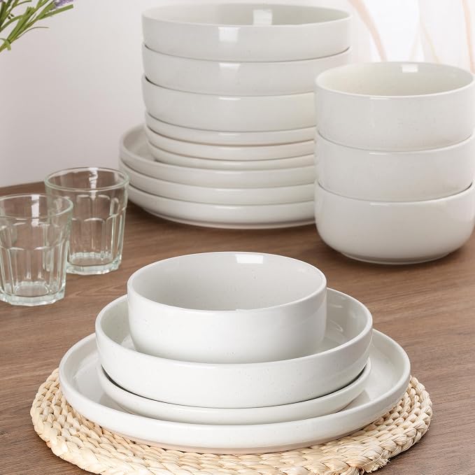 HaWare 8-Piece Plates and Bowls Set for 2, Stoneware Dinnerware Sets with Pasta Bowl, Dishes Set for Home Restaurant, Speckled Milky White