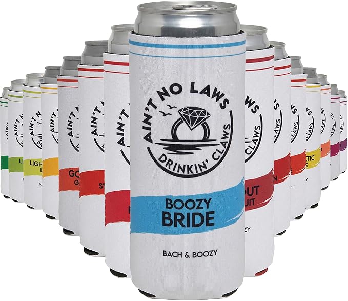 Funky Junque Bachelorette Party Favors Slim Can Cooler, Funny Bridesmaid & Bride Gifts for Girls Trip, Bridal Shower Decorations & Accessories, 12 oz Skinny Can Covers - Ain't No Laws - 15 Pack