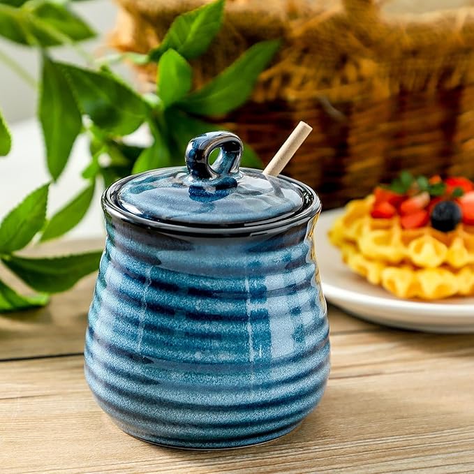 Ceramic 12 Ounce Honey Jar and Dipper Set,Porcelain Honey Pot with Lid and Wooden Dipper,Cute Honey Containers for Party,Holiday,Halloween Favors,Farmhouse Kitchen Decor,Dishwasher Safe,Blue