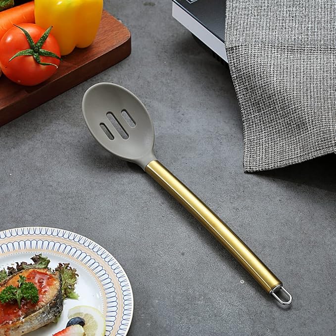 Berglander Non-stick Silicone Slotted Spoon, Titanium Gold Plated Handle, Basting Spoon, Dishwasher Safe, Easy to Clean