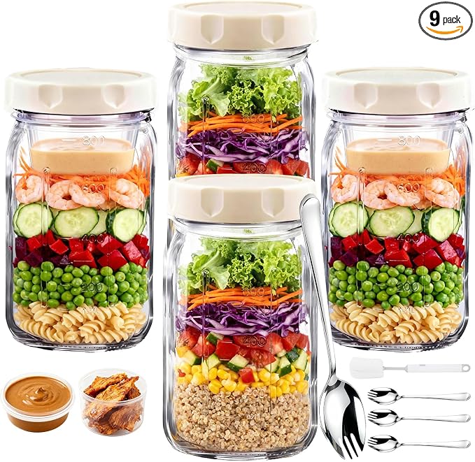 9PCS Salad Meal Prep Containers, 32oz Large Glass Salad Jars with Lids Meal Prep with 4 Forks, Leakproof Salad Container for Lunch with Separate Wet/Dry Dressing Cups for Home, Office and Outdoor