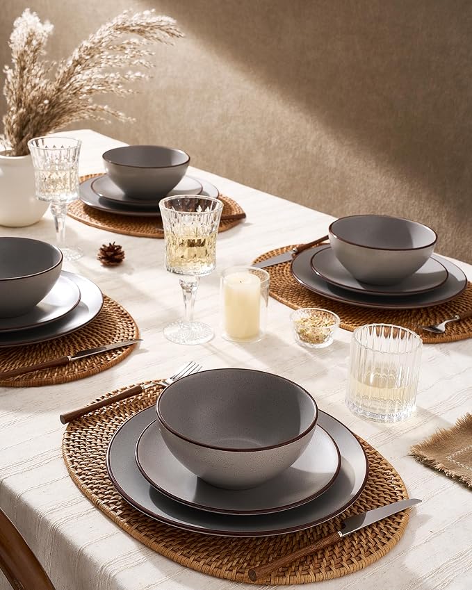 Famiware Venus Stoneware Dinnerware Set with Pasta Bowls for 6, 24-Piece Speckled Plates and Bowls with Trim, Matte Dark Gray - Chip‑Resistant Dishes for Everyday/Formal Use, Microwave/Dishwasher Safe