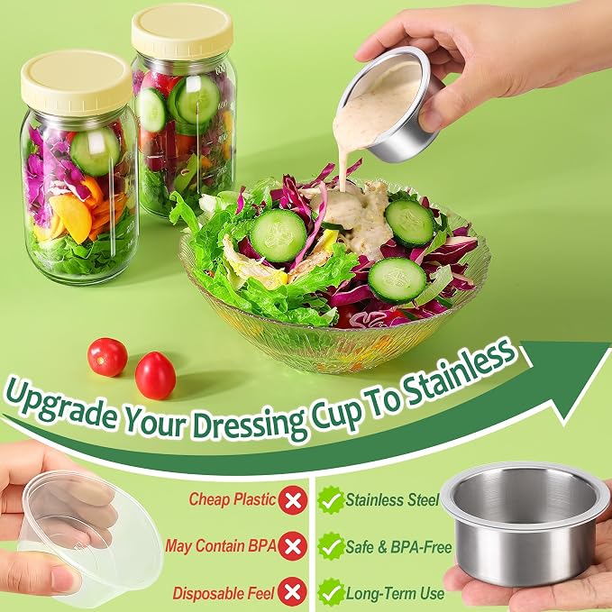 KTKUDY 4 Pack 32 oz Glass Salad Jars with Dressing Cups (Pod) - Meal Prep Salad Container for Lunch - Leakproof Mason Jars with Lids