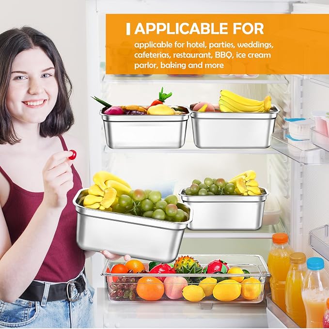 8 Pcs 304 Stainless Steel Food Storage Containers with Lids 1/3 Size Hotel Pan Chicken Food Grade Pans Metal Meal Containers for Restaurant Stackable Kitchen Freezer Buffet(6 Inch Deep)