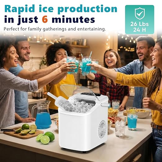 OLIXIS Countertop Ice Maker with Self-Cleaning, Portable Ice Maker Machine with Ice Scoop, 26Lbs/24H, 9 Cubes in 6 Mins, 2 Sizes of Bullet Ice for Home, Kitchen, Office