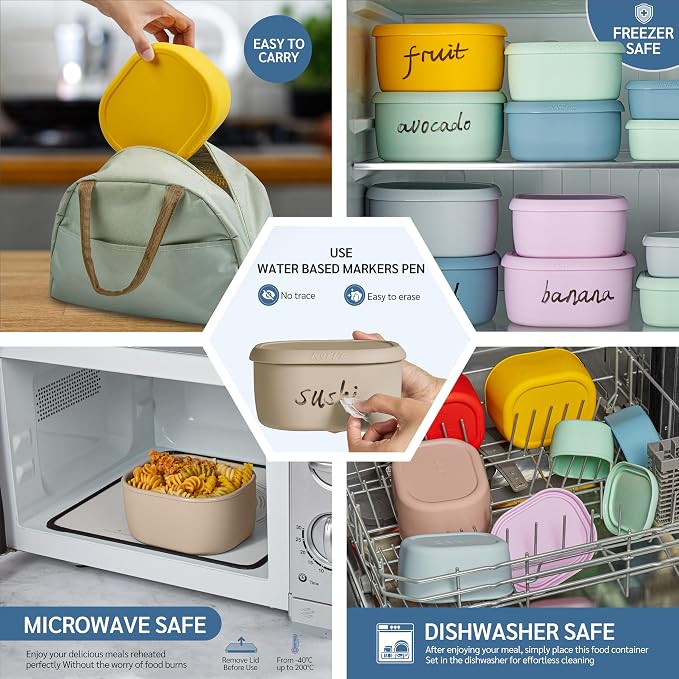 ISSEVE 12Pcs/Set Nesting Silicone Food Storage Containers with Lids, BPA Free Reusable Meal Prep Silicone Containers Airtight, Freezer Dishwasher Safe (33.8oz, 20oz, 10oz, 6.7oz, 1.3oz) (Beige)