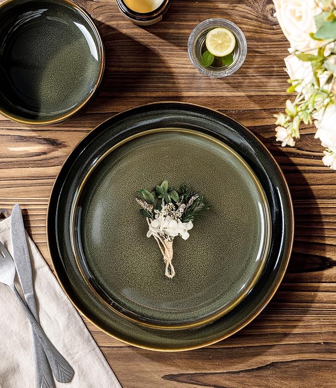 TheTerra Ceramic Dinnerware Sets, Handmade Reactive Glaze Plates and Bowls Set, Scratch Resistant Dish Set, Oven & Microwave & Dishwasher Safe, Sets for 4, Olive Green