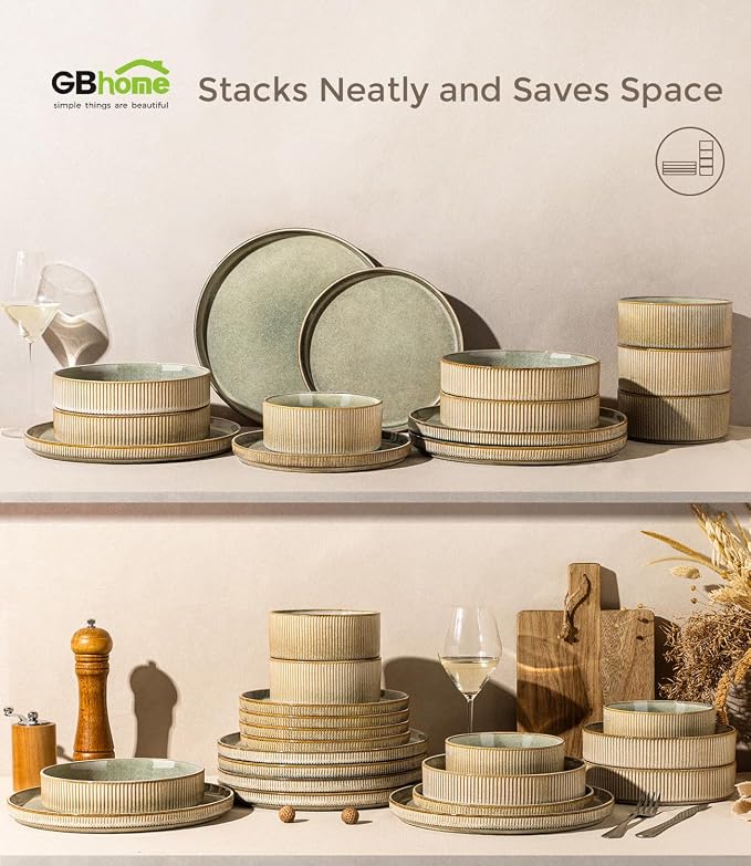 GBHOME 18-Piece Stoneware Dinnerware Set for 6 – Ribbed Ceramic Plates and Bowls, Scratch-Resistant, Microwave & Dishwasher Safe, Reactive Glaze, Desert Sage