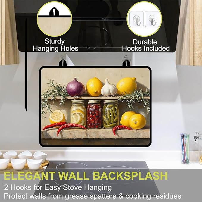 Glass Stove top Cover 28"x 20", Stove Top Covers for Electric Stove, Flat Range Mat for Glass Cooktop, Kitchen Heat-Resistant Protector Non-Slip Drying Mat (Foods Oil Painting)
