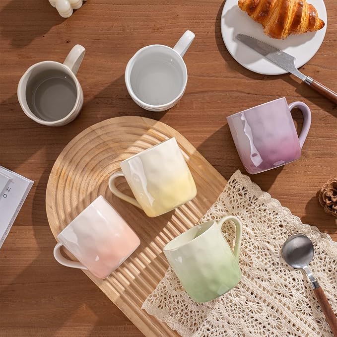 Porcelain Coffee Mugs, Multicolor, Set of 6, 12oz | Hand-Pinch Textured Ceramic, Microwave & Dishwasher Safe, Non-Toxic, Stylish Gift