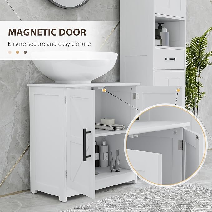 HOMCOM Pedestal Sink Storage Cabinet, Farmhouse Freestanding Bathroom Sink Cabinet with 2 Barn Doors and Adjustable Shelf, White