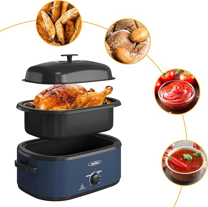 Sunvivi 20QT Roaster Oven, Electric Roaster with 3 Compartments, Turkey Roaster Oven with Self-Basting Lid, Removable Pan & Rack, Defrost & Warm Function, Fit Turkey Up to 24LB, Stainless Steel, Blue