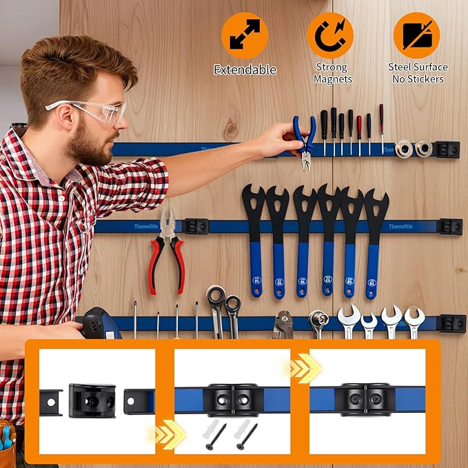 12" Magnetic Tool Holder Strip, 4 Pieces Blue Metal Tool Organizer Rack with Stainless Steel Surface, Magnet Bar for Garage Workshop, Easy To Install with Mounting Screws