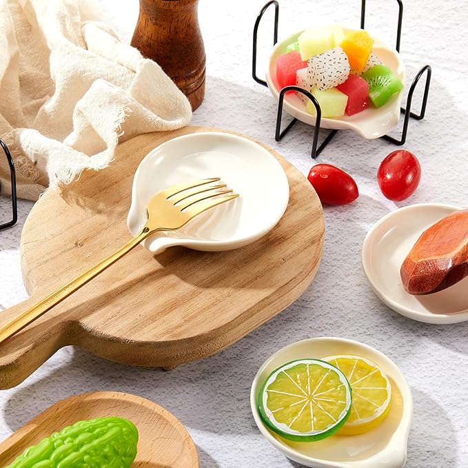 Bokon 12 Pack Ceramic Spoon Rest with Holder, Kitchen Utensil Rest for Stove Top, Dipping Sauce Dishes, Heat Resistant and Dishwasher Safe (White)