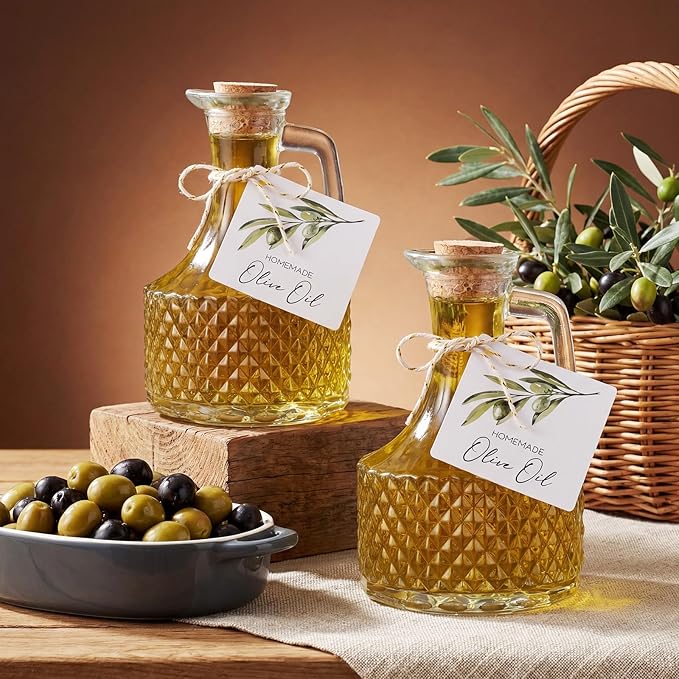 Vesici 20 Set 14 oz Olive Oil Bottle with Stopper Mini Glass Oil Cruet Dispenser with Label Vinegar Bottle with Spout for Kitchen Salad Dressing Syrup Container for Wedding Baby Shower Favors