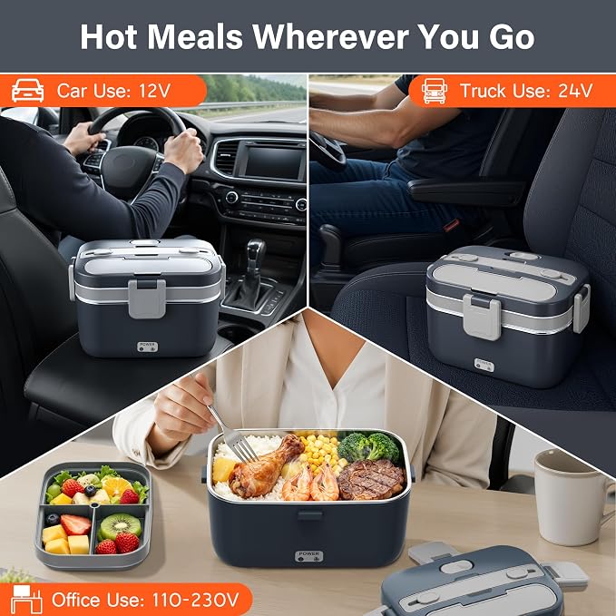 2.8L Electric Heated Lunch Box - 100W Portable Food Warmer for Adults, Leak-Proof & Dishwasher-Safe, Ideal for Car, Truck, Travel, Work, Gift for Men & Women