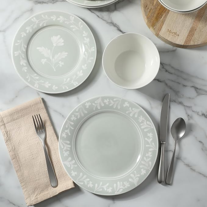 Martha Stewart Dinnerware Set - Maiden Crown 12-Piece Dish Set, Sage Green – New Bone China Ceramic Plates & Bowls – Floral Design – Service for 4 – Microwave & Dishwasher Safe