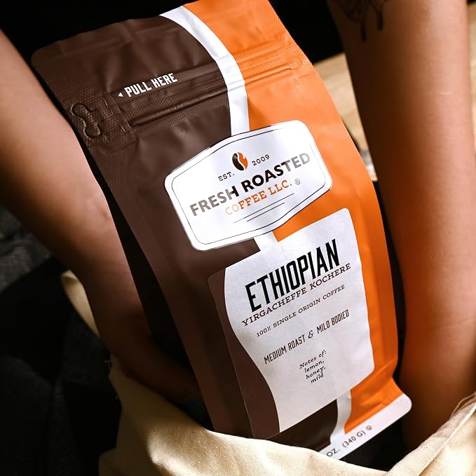 Fresh Roasted Coffee, Ethiopian Yirgacheffe Kochere Whole Bean Coffee, Medium Roast, Kosher, 12 oz
