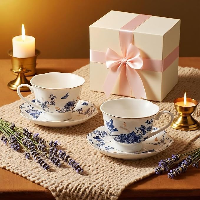 Tea Cup Set of 2, Coffee Cups with Saucers 7 Oz (200ml) Vintage Floral Porcelain with Gold Trim Teacups, Cappuccino Cup, Latte Mugs for Mother's Day, Party, Birthday Gifts