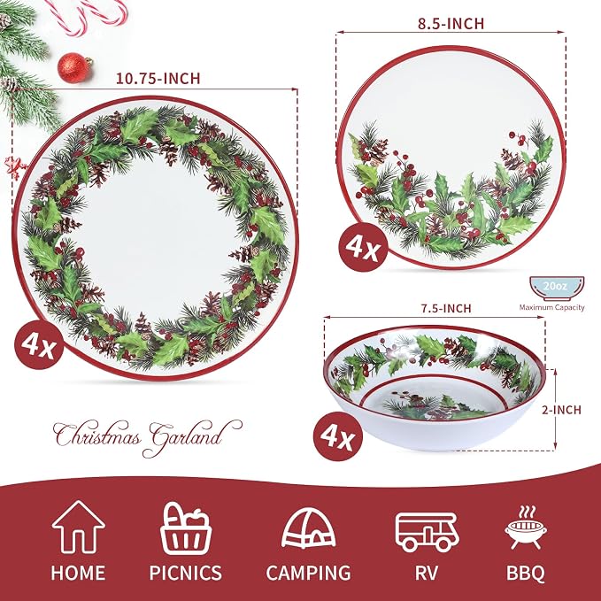 12-Piece Christmas Melamine Dinnerware Set,Holiday Dishes Set，White & Green | Lightweight & Stackable for Home&Party plates,Plate and Bowl Sets Ideal for for Indoor Outdoor Use -Christmas Garland