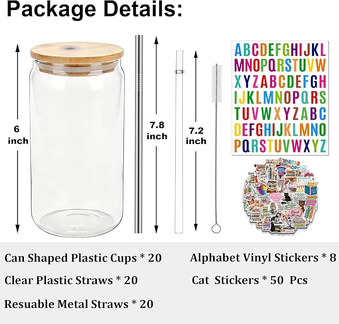 16 oz Clear Plastic Cups Reusable with Bamboo Lids and Straws & DIY Sticker, 20Pack Acrylic Mason Jars Iced Coffee Drinking Glasses Cup for Park Picnic, Poolside, Party Giveaways