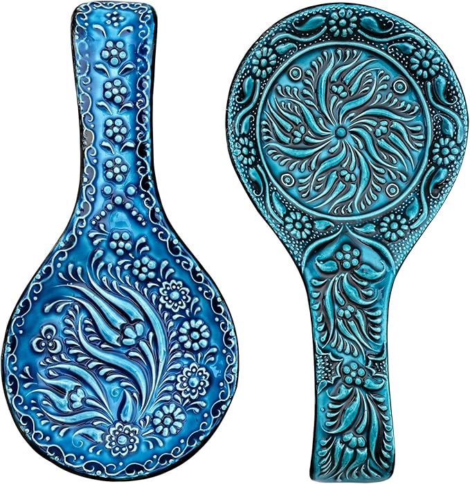 BCS Spoon Rest Set of 2 - Ceramic Spoon Holder for Stovetop & Kitchen Counter - Dishwasher Safe Handmade Kitchen Utensil (Turquoise 4.5" W x 9" L)