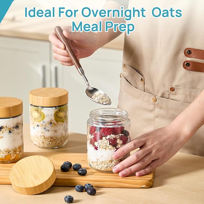 Vtopmart 8 Pack 16oz Glass Overnight Oats Containers with Bamboo Lids, Portable Wide Mouth Glass Jars Leak Proof, Reusable Glass Food Storage Containers for Yogurt Chia Pudding Salad Pickling Snacks