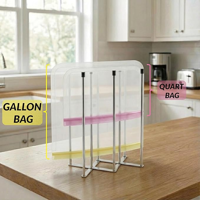 Reusable Bags Drying Rack, Extra Tall for 1 Gallon Zip-Top Reusable Bags, Foldable Stainless Steel Dryer Stand for Silicone & Plastic, Sandwich & Snack, Countertop Organizer, Silver, 1-Pack