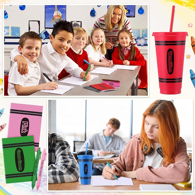Feifeiya 72 Pcs/24 Set Color the World Gift Bulk 24 oz Rainbow Crayon Themed Tumblers with Lids and Straws Motivational Pens Inspirational Notepads Stationery Set Plastic Cups