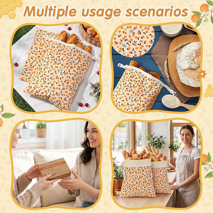 Reusable Beeswax Bread Bags for Homemade Bread Sourdough (2 Pcs 13x17in Bags + 10in Bowl Cover) Floral Cotton 100% Natural Beeswax Coating, Plastic-free Food Storage Wrap(Yellow Cherry)