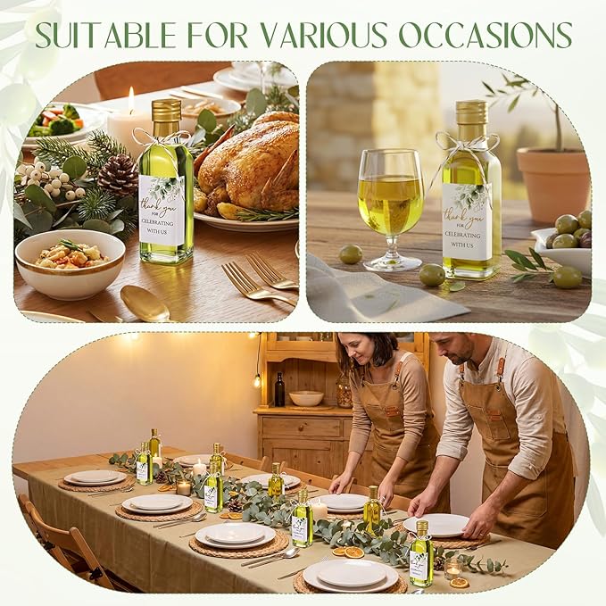 Reallnaive 30 Pack 3 oz Mini Glass Olive Oil Bottles Set, Gold Homemade Wedding Sauce Gift Bottles Leakproof Screw Cap, Thank You Wedding Stickers for Storing Oil Honey Bridal Baby Shower Favors