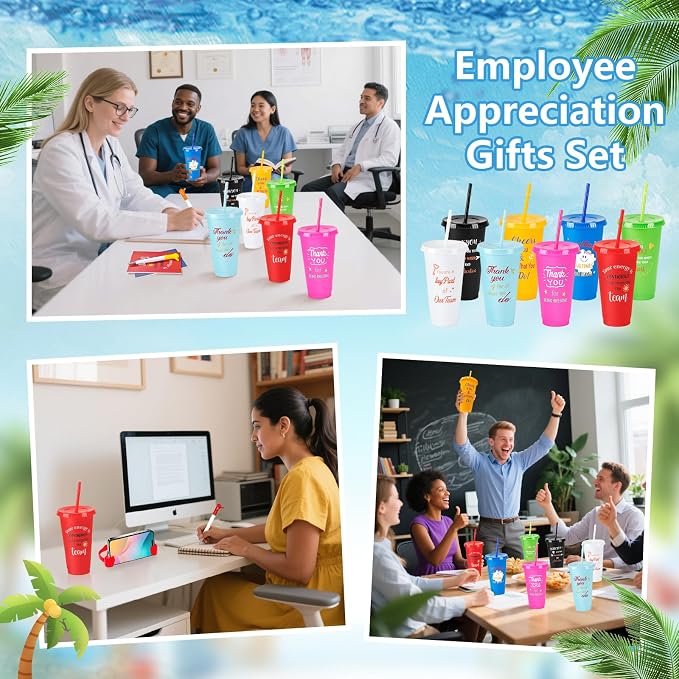 144pcs/24 Set Employee Appriciation Gifts with Reusable Tumbler Inspirational Notepads Pen Mobile Phone Stand,Team Thank You Bulk Christmas Gift for Coworker Staff Nurse Volunteer (Employee Colorful)