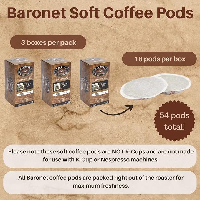 Baronet Coffee Pods [Mocha Java-54 Pods] Flavored Single Cup Use, Like Senseo, [3 Boxes of 18 Single Serve 10 Gram] Regular Strength, Medium Roast [Mocha Java]