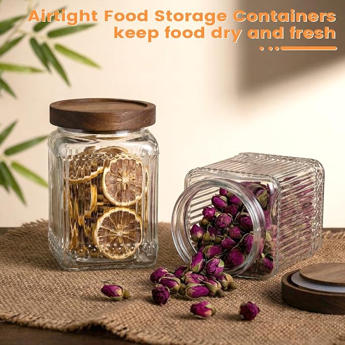 6 Pcs Vintage Glass Storage Jar with Lid 25.3 oz Glass Containers Stylish Ribbed Pattern Airtight Kitchen Jars Candy Jar for Food Cookies Candy Coffee Tea Beans Grains Storage