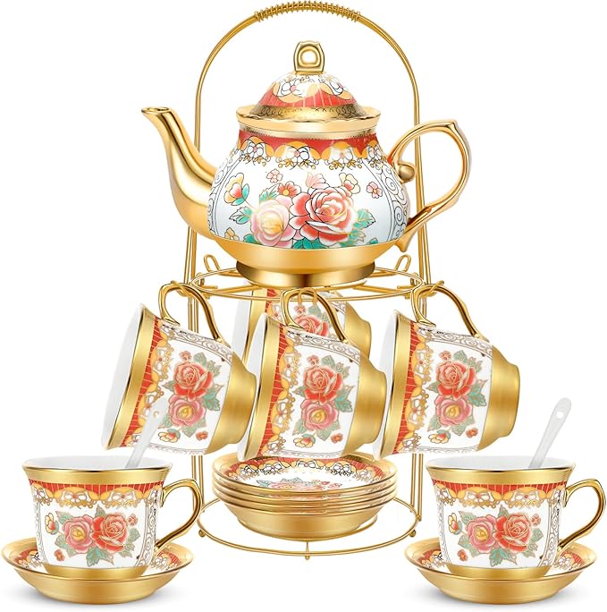 20 Pcs Porcelain Tea Set for Adults with Metal Holder and Spoon European Ceramic Tea Party Set Flower Painting Teapot Cup Saucer for Women Gift, Serving 6 People(Classic)