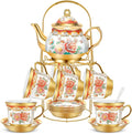 20 Pcs Porcelain Tea Set for Adults with Metal Holder and Spoon European Ceramic Tea Party Set Flower Painting Teapot Cup Saucer for Women Gift, Serving 6 People(Classic)