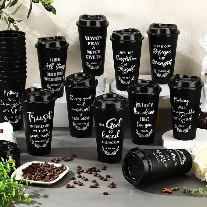 Skylety 20 Pack Bulk Christian Gifts for Men Women 16oz Reusable Bible Verse Tumbler Plastic Coffee Cup with Lid Inspirational Religious Church Gift for Teacher Graduation Party Favor (Black)