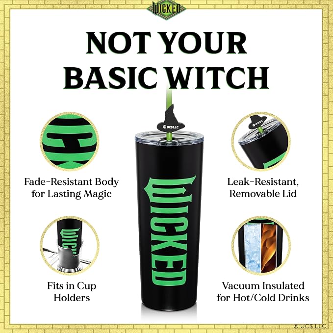 Dragon Glassware x Wicked: For Good 2-Pack 24 oz Vacuum Insulated Tumbler with Lid and Straw - Set of 2 Tumblers with 4 Straws and Toppers - Official Wicked Merch - For Good