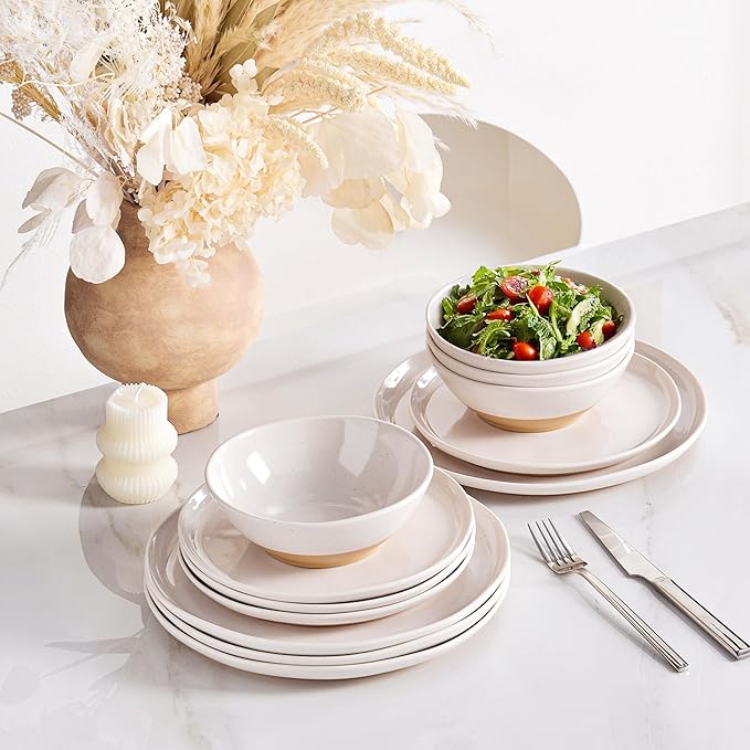 Melamine Dinnerware Sets of 12 Pcs, Kitchen Plates and Bowls Set for 4, Unbreakable Dishware Sets for Patio, RV and Camping, Dishwasher Safe (Ivory)